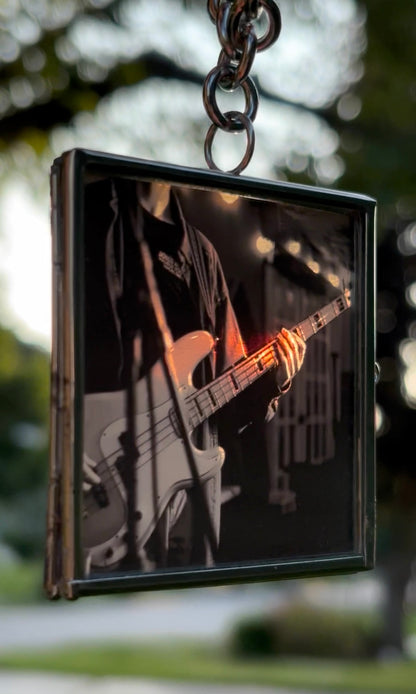 Wearable Art Locket Necklace – Oversized Square, Thick Chain, “Eddie on Bass”
