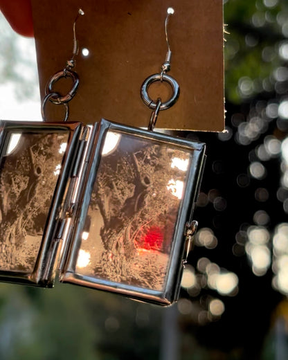 Wearable Art Locket Earrings – Mini Rectangles, Sterling Silver French Hooks, “The Knotted Tree of Elizabeth Park”