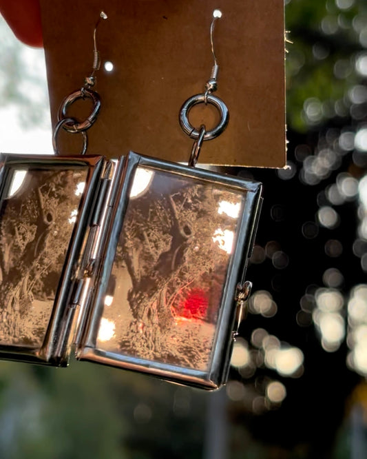 Wearable Art Locket Earrings – Mini Rectangles, Sterling Silver French Hooks, “The Knotted Tree of Elizabeth Park”