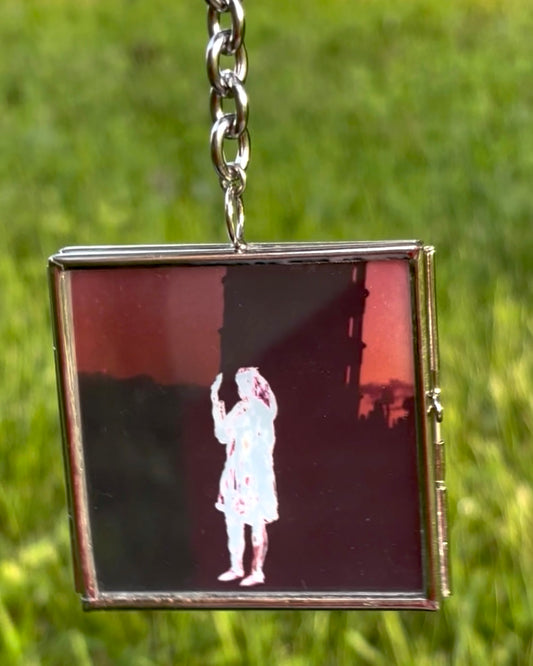 Decorative Hanging Stained-Glass Photograph – Square, Thick Chain, “Holding Up the Leaning Tower with a Painted Negative”