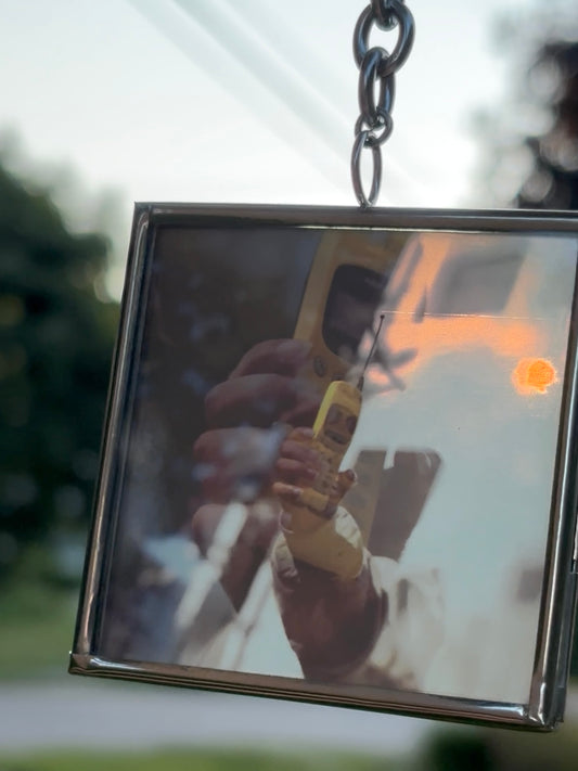 Decorative Hanging Stained-Glass Photograph – Square, Thick Chain, “Yellow Cell”