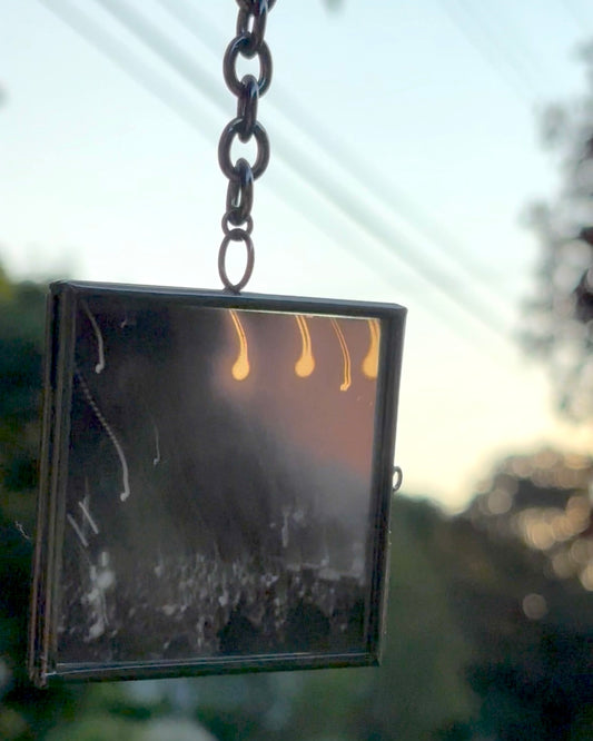 Decorative Hanging Stained-Glass Photograph – Square, Thick Chain, “Light Trails at the Concert”