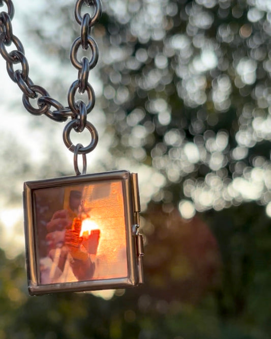Wearable Art Locket Necklace – Mini Square, Thick Chain, “Yellow Cell”