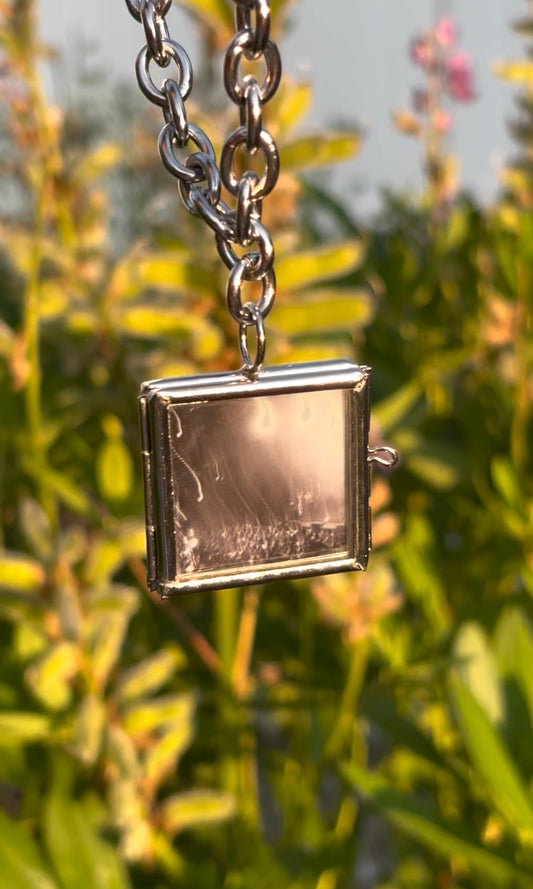 Wearable Art Locket Necklace – Mini Square, Thick Chain, “Light Trails at the Concert”
