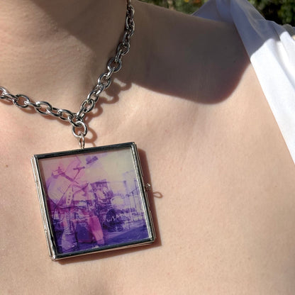 Wearable Art Locket Necklace – Oversized Square, Thick Chain, “Punk in Pink”