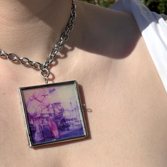 Wearable Art Locket Necklace – Oversized Square, Thick Chain, “Punk in Pink”