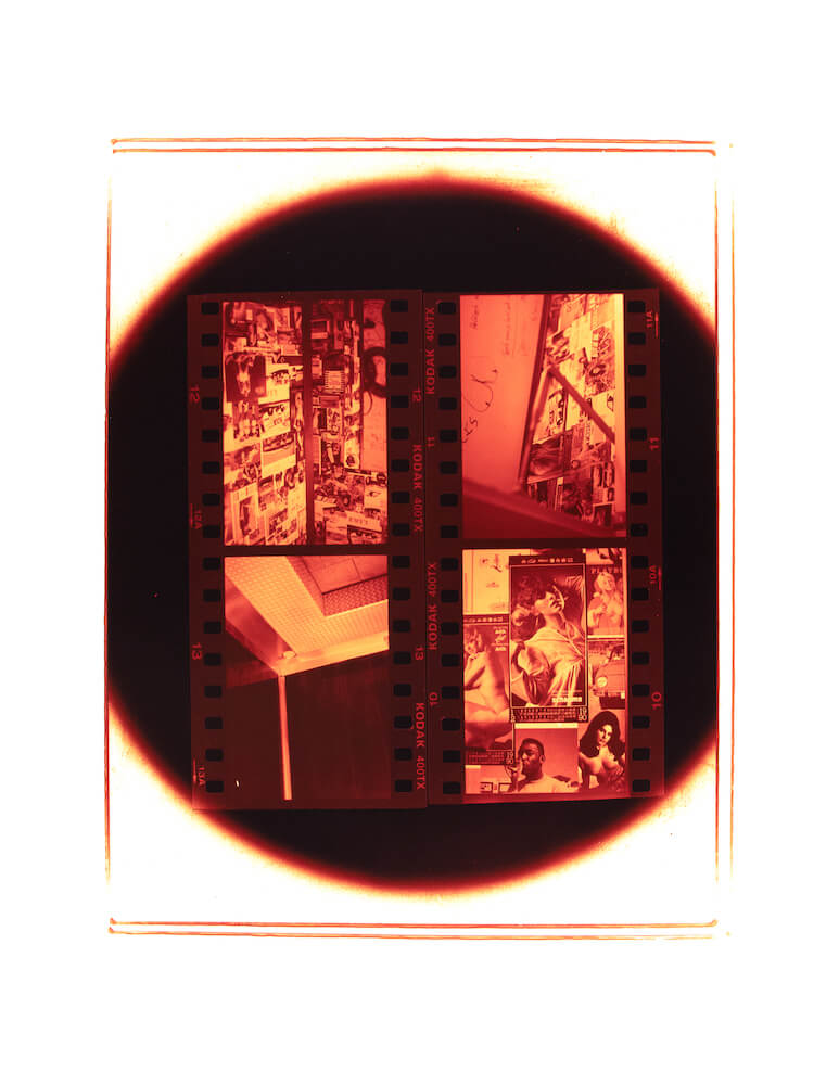 a color darkroom print of four 35mm negatives depicting a Pilsen Czechia Lokal bathroom surrounded by a circular enlarger silhouette