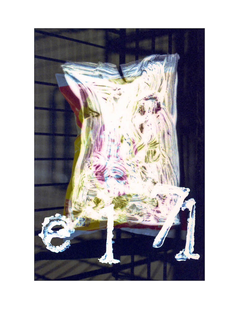 color film fine art photography image with grocery cart and obscured packaged food with words e171