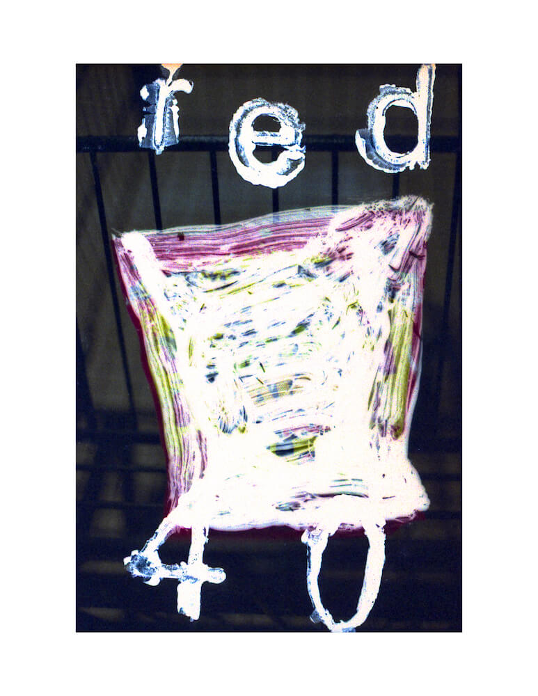 color film fine art photography image with grocery cart and obscured packaged food with words red 40