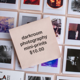 sign with words darkroom photography mini prints $10 and a grid of mini prints to promote original photography that you can shop for online