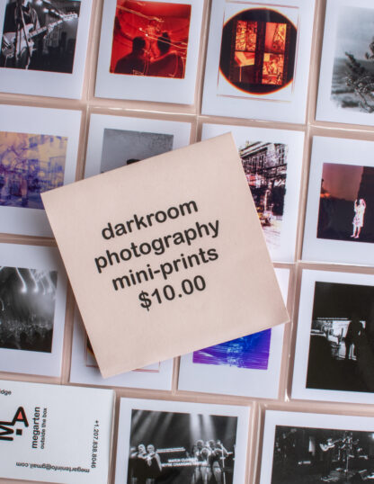 sign with words darkroom photography mini prints $10 and a grid of mini prints to promote original photography that you can shop for online